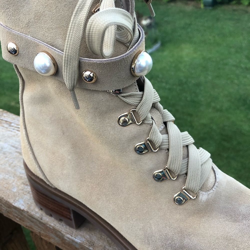 Karl Lagerfeld pearl and gold stud embellished leather lace up boots, size 10 - Picture 9 of 15